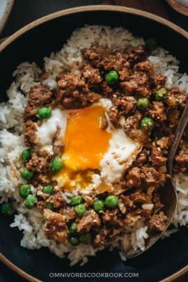 Cantonese ground beef bowl close-up