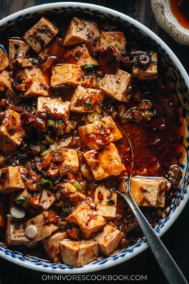 Close-up of vegan mapo tofu