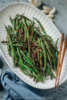 Chinese garlic green beans served on a platter