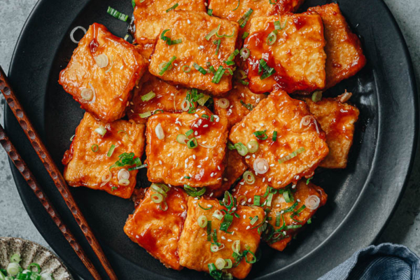 Chinese pan fried tofu with sweet and sour sauce