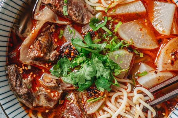 Lanzhou beef noodle soup close up