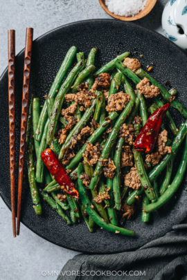 Sichuan dry fried green beans in a plate